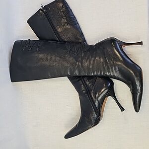 Authentic Manolo Blahnik Corset Boot Black Leather Kitten Heel Boots Size 37